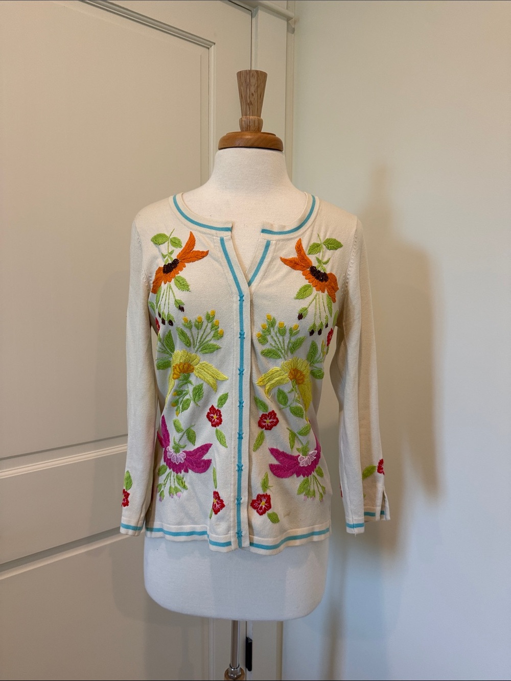 Charlotte Tarantola Cream Cardigan with Multicolor Floral Embroidery